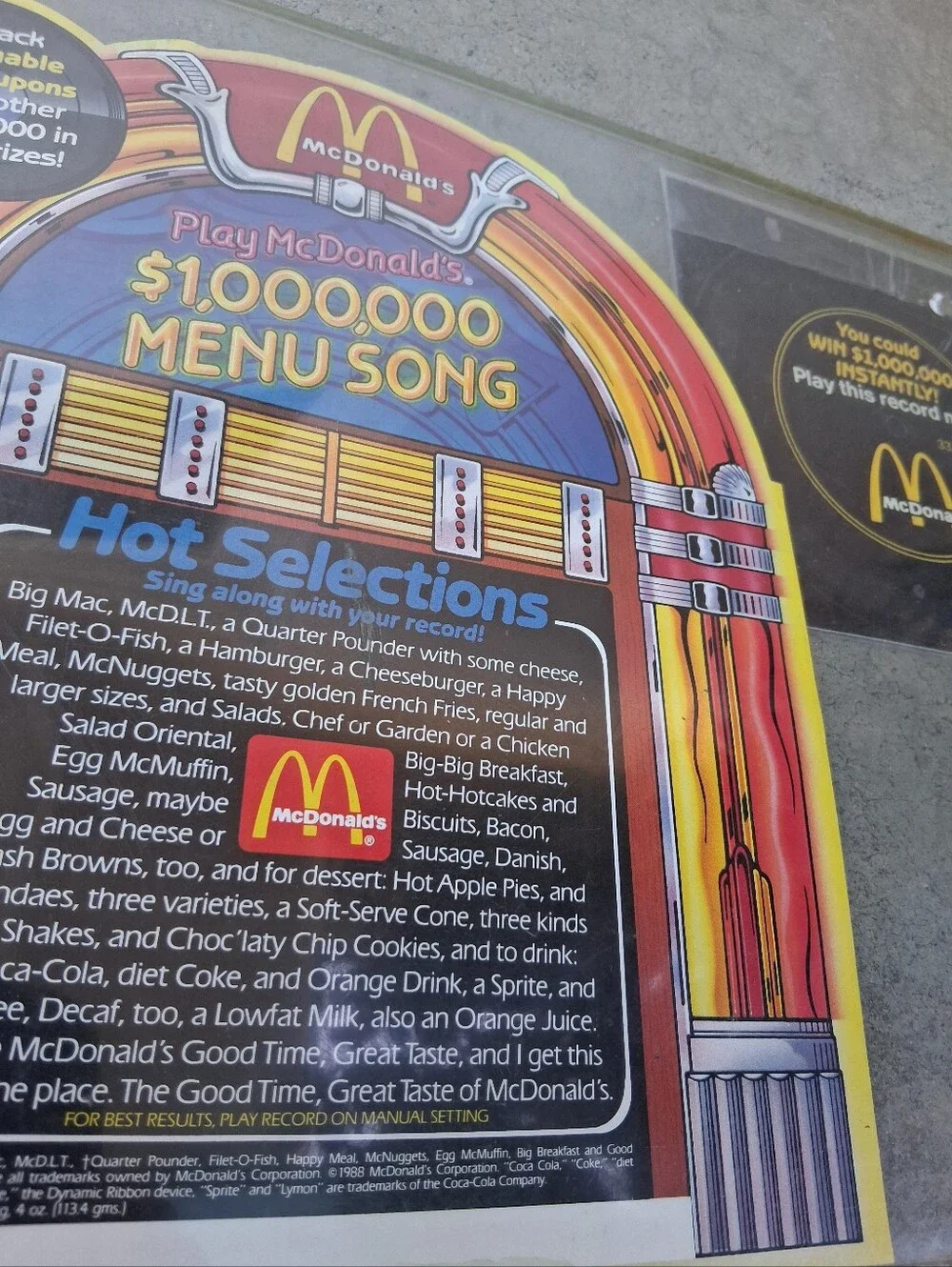 McDonald's Yellow & Red Jukebox-Style $1,000,000 Menu Song Record
